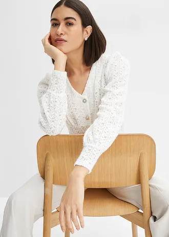 Sweter rozpinany z ozdobnymi guzikami • biel wełny • sklep bonprix