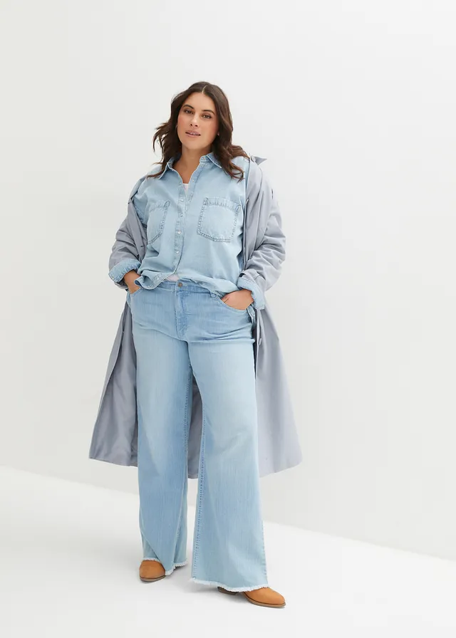 Jean large taille haute, Couleur: bleu glacier denim used