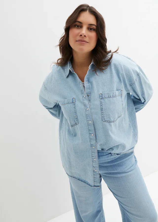 Chemise en jean oversize, Couleur: bleu clair denim