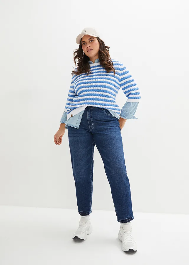 High waist mom jeans, low stretch, cropped, Kleur: donkerblauw denim used