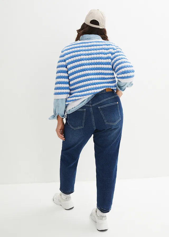 High waist mom jeans, low stretch, cropped, Kleur: donkerblauw denim used