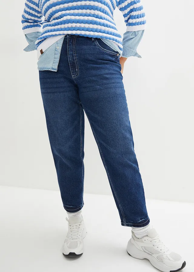 High waist mom jeans, low stretch, cropped, Kleur: donkerblauw denim used