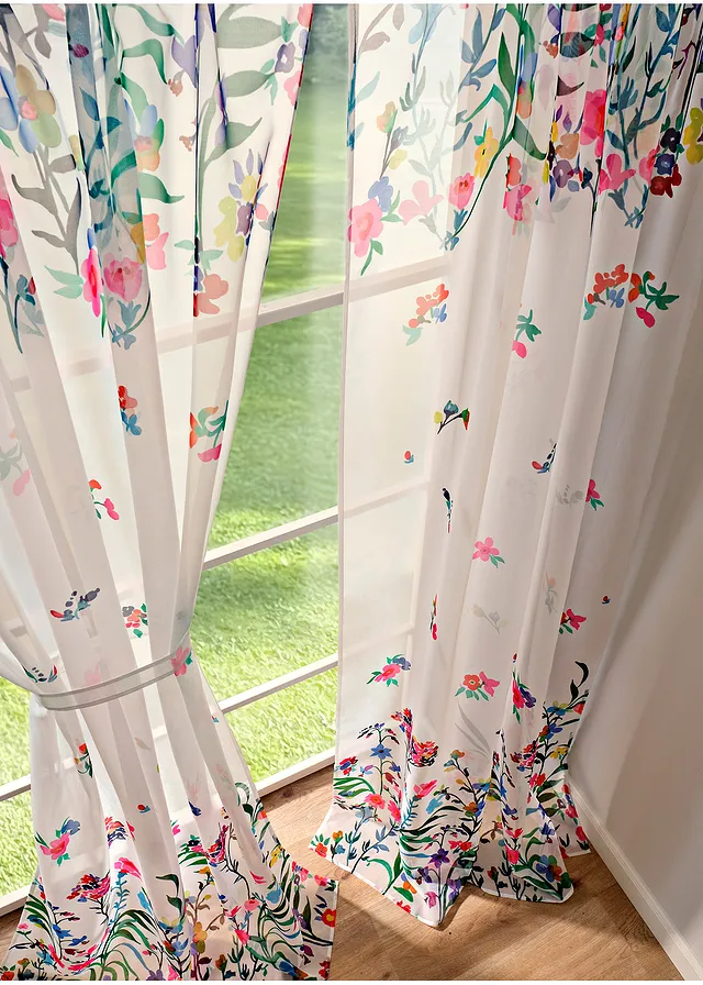 Lot de 2 voilages imprimé floral incl. embrasse, Couleur: blanc/multicolore
