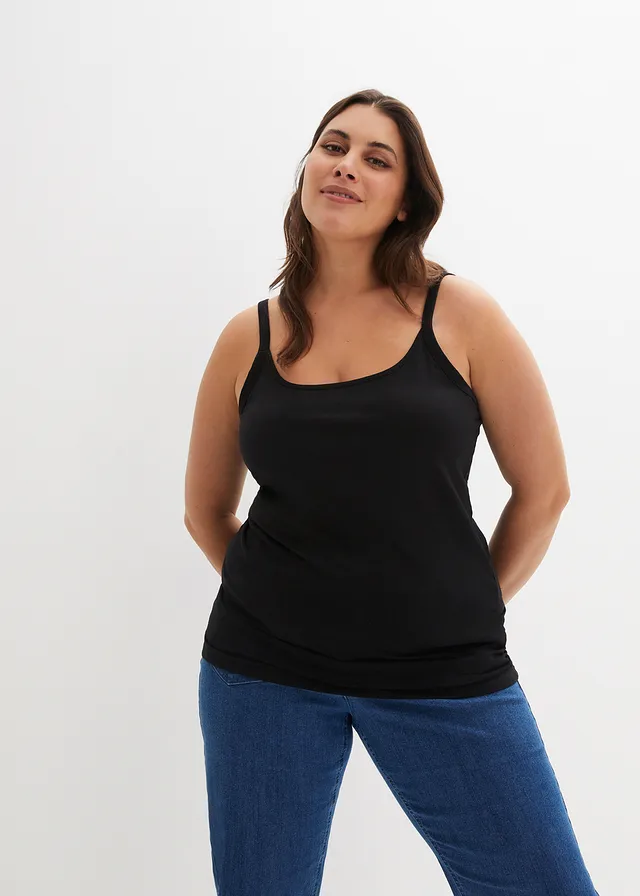 Lot de 2 tops longs coton bretelles spaghetti, Couleur: blanc+noir