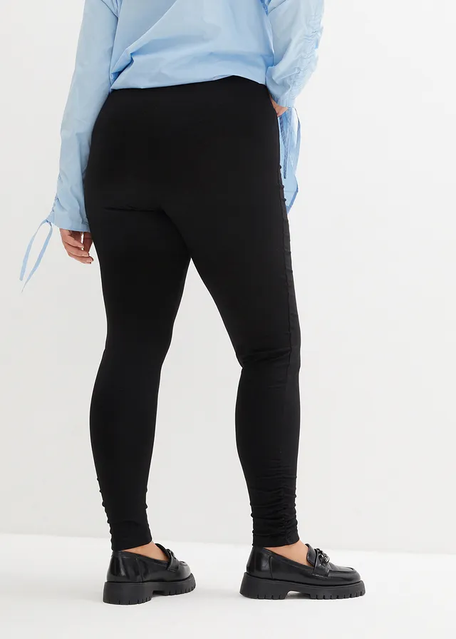Legging avec large empiècement confortable à la taille et détail fronce, Couleur: noir
