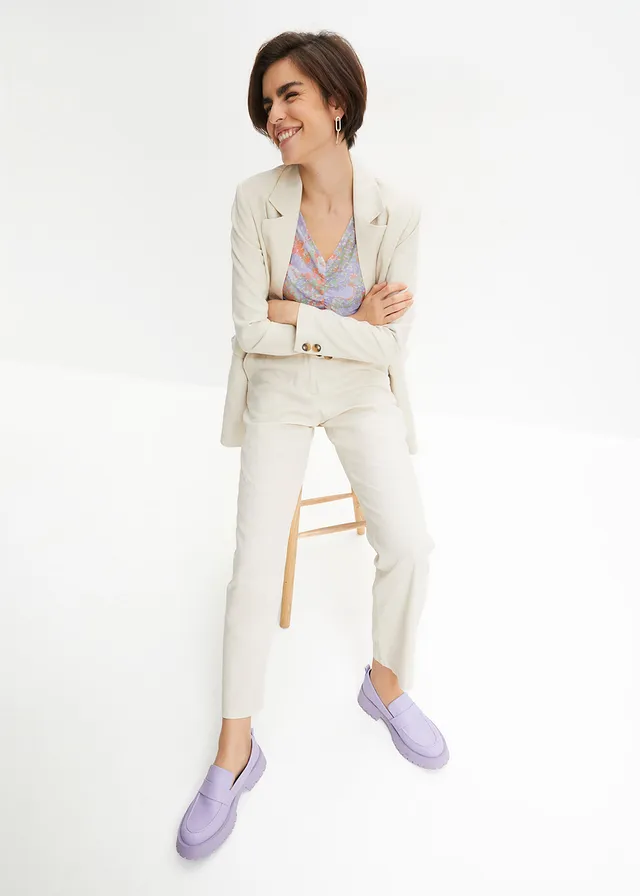 Pantalon taille haute en lin et viscose, Couleur: 