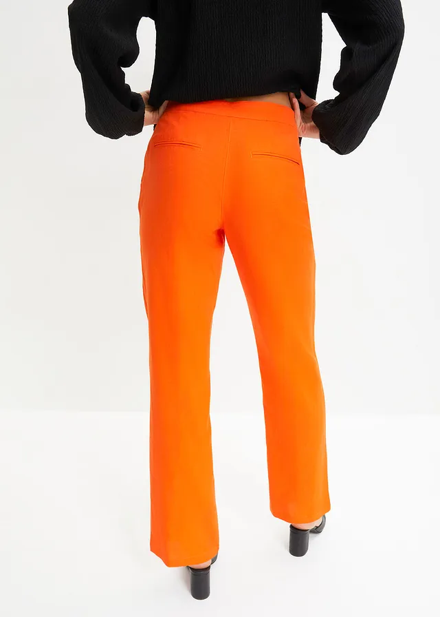High waist linnen broek met elastische inzet, Kleur: warm oranje