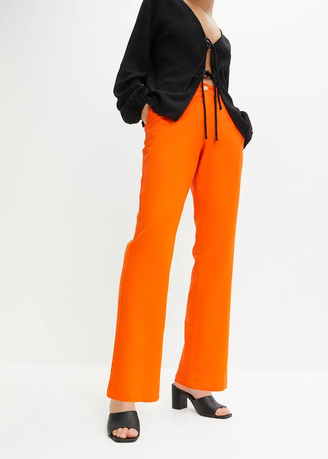 Pantalon taille haute en lin et viscose, Couleur: orange chaud