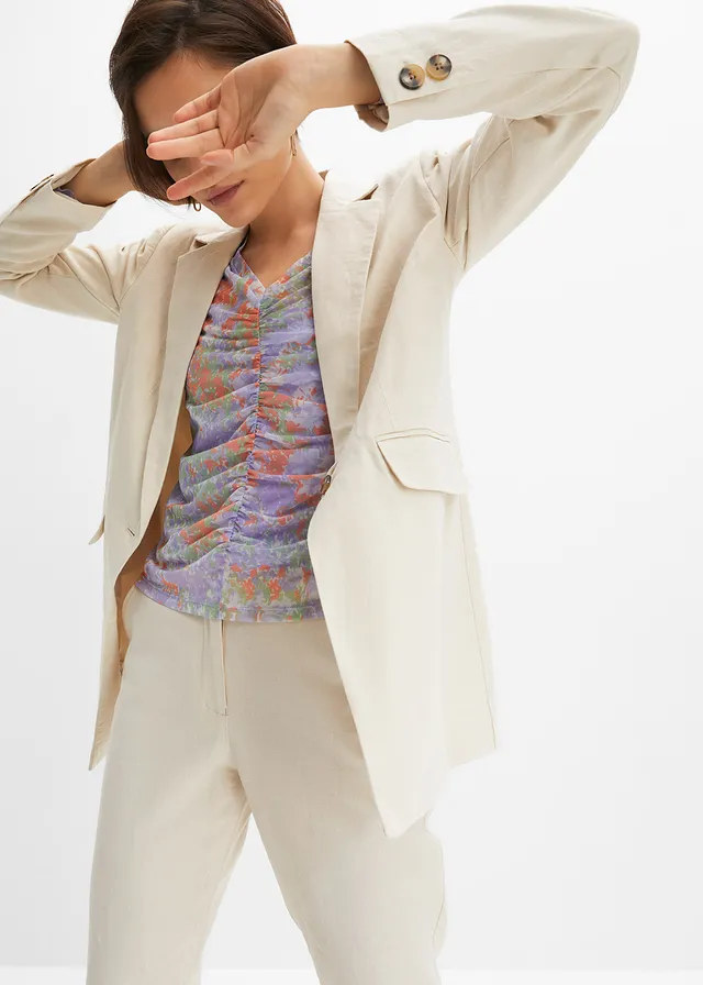 Wijde, lange blazer met knoopdetail • kiezelgrijs • product-page.page-title-suffix