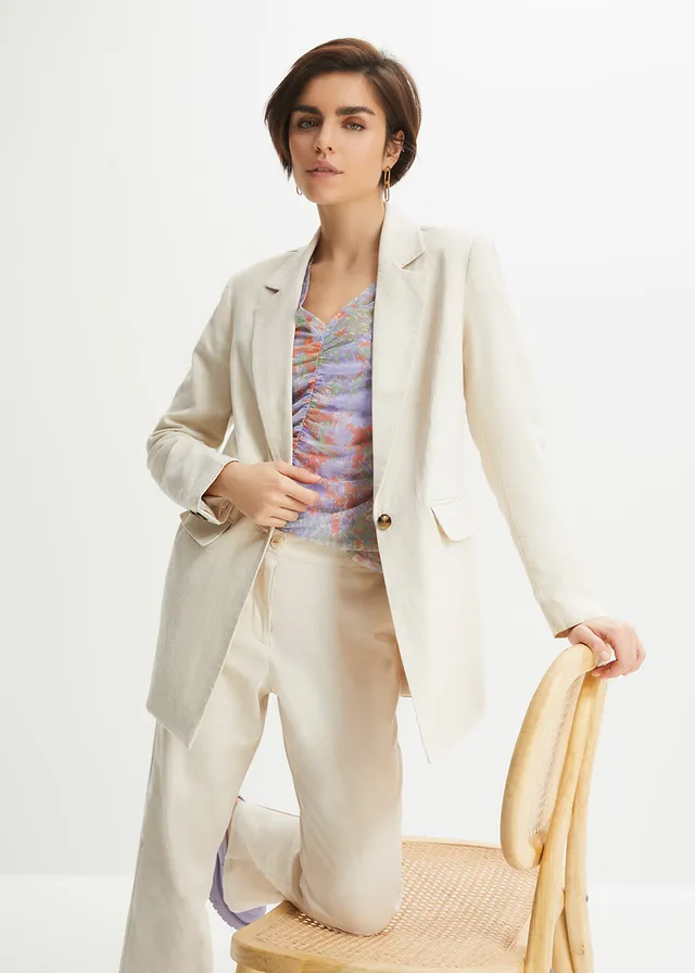 Wijde, lange blazer met knoopdetail, Kleur: kiezelgrijs