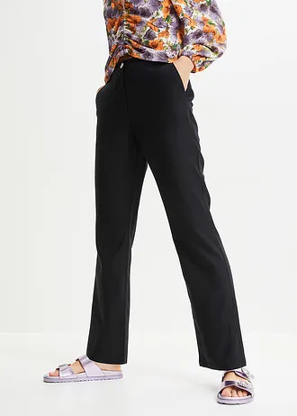 High waist linnen broek met elastische inzet, Kleur: zwart