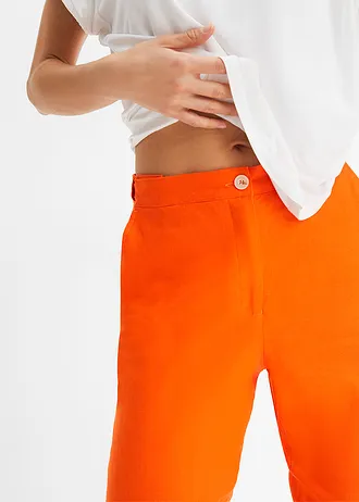 Pantalon cropped taille haute en lin et viscose, Couleur: orange chaud