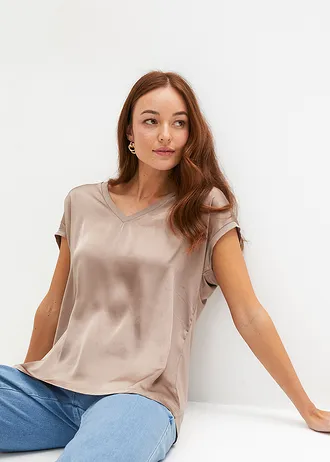 Shirt met satijnen inzet • taupe • bonprix online shop