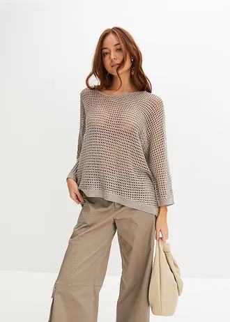 Ajour trui in een viscosemix, Kleur: taupe