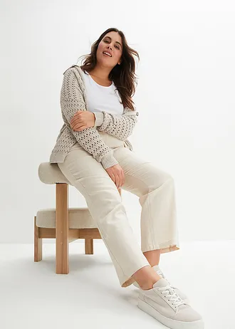 Kalhoty s vysokým pasem, ze směsi lnu a viskózy, barva: šedobéžová