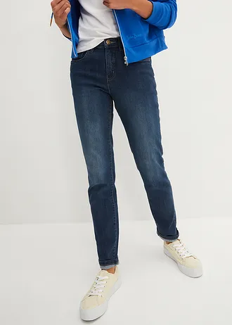 Jean droit taille mi-haute, extensible, Couleur: bleu foncé denim used