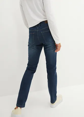 Jean droit taille mi-haute, extensible, Couleur: bleu foncé denim used