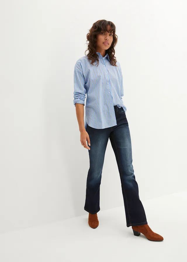 Jean bootcut taille mi-haute, extensible, Couleur: bleu foncé used