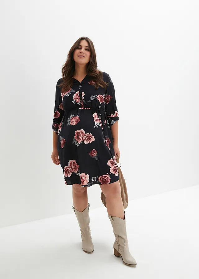 Robe-blouse de grossesse et d'allaitement en viscose fluide, Couleur: noir à fleurs