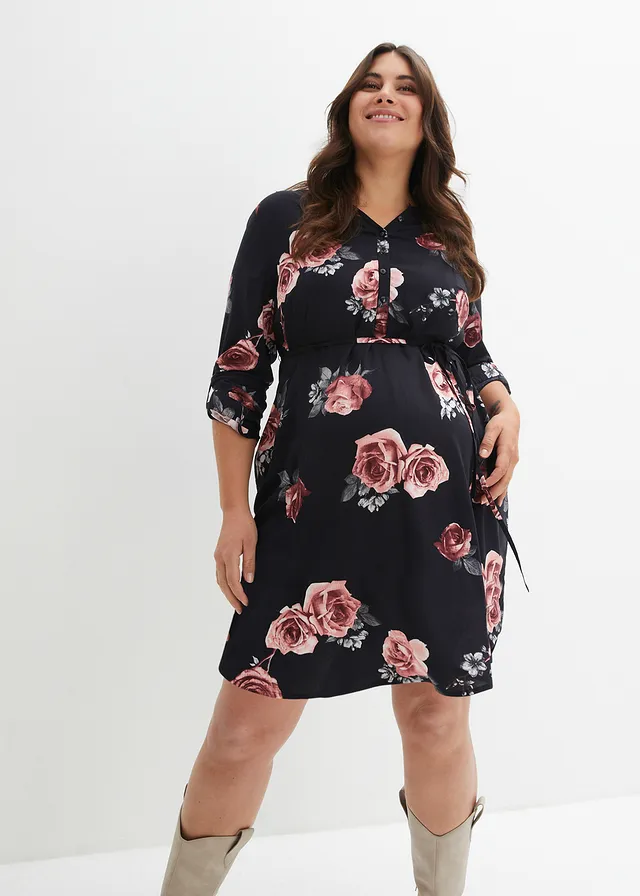 Robe-blouse de grossesse et d'allaitement en viscose fluide, Couleur: noir à fleurs