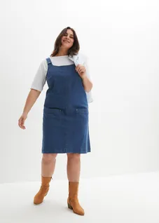 Robe en jean coton avec bretelles de salopette, longueur genou, Couleur: bleu denim