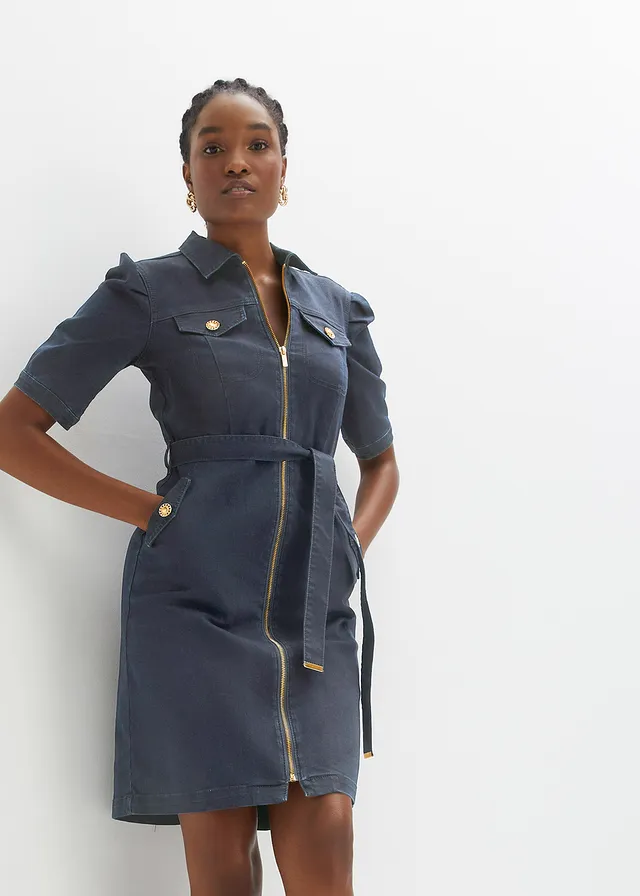 Spijkerjurk met ritssluiting, Kleur: donkerblauw denim