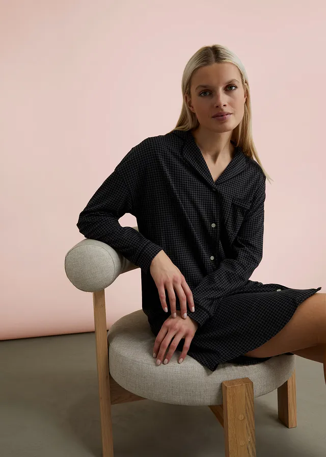Chemise de nuit oversize 100% coton, Couleur: noir-gris motif