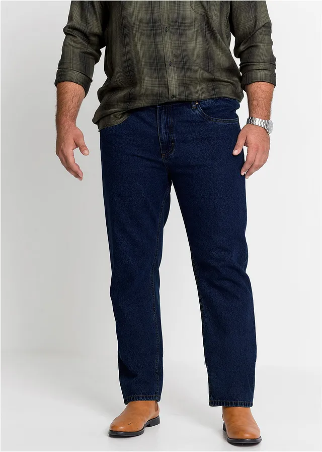 Classic fit jeans met elastische tailleband, straight, Kleur: donkerblauw denim