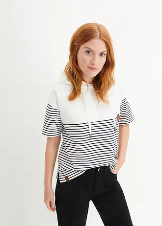 Bluza z kapturem • biel wełny - ciemnoniebieski w paski • sklep bonprix