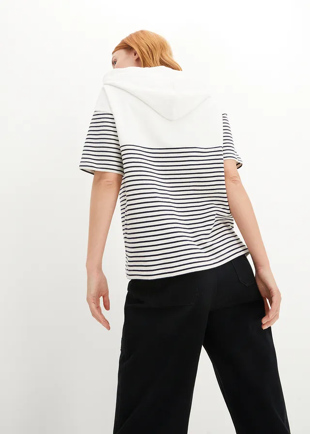 Sweat à capuche, Couleur: blanc cassé/bleu foncé rayé
