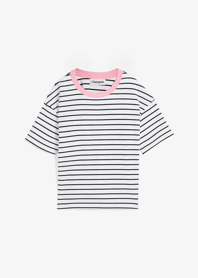 T-shirt oversize z czystej bawełny organicznej • biało-czarno-jasnoróżowy w paski • sklep bonprix