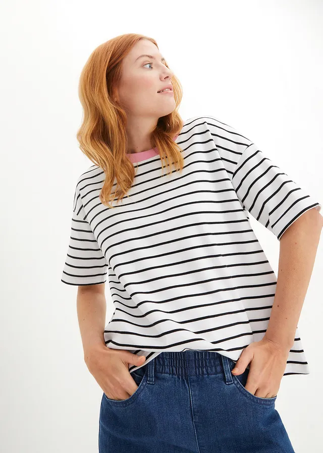 Oversized T-shirt van puur biologisch katoen • wit-zwart-roze gestreept • product-page.page-title-suffix