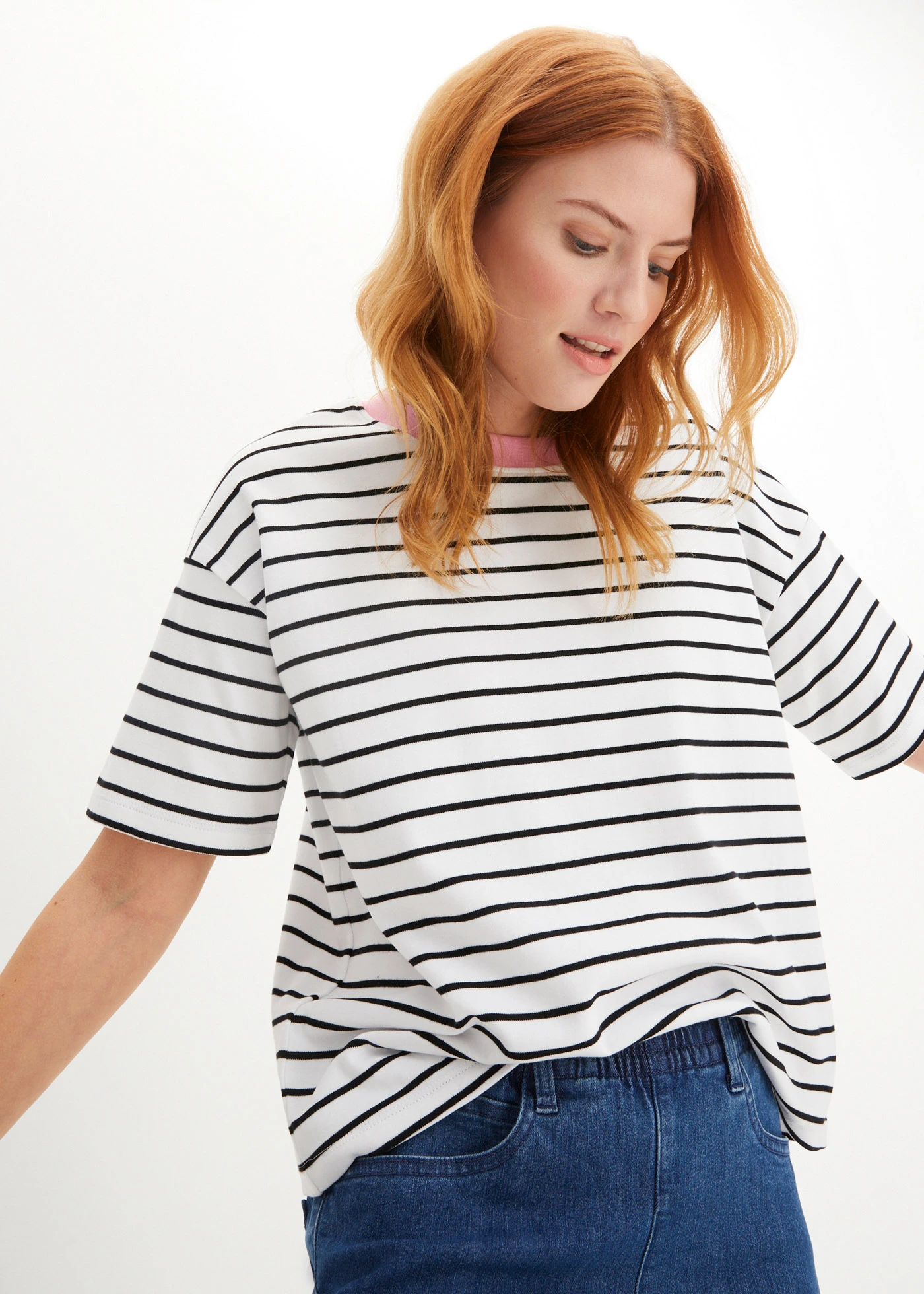 Tricou oversized din bumbac organic 100% • alb/negru/roz cu dungi • magazin bonprix