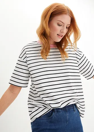 T-shirt oversize 100% coton • blanc/noir/rose rayé • Boutique bonprix