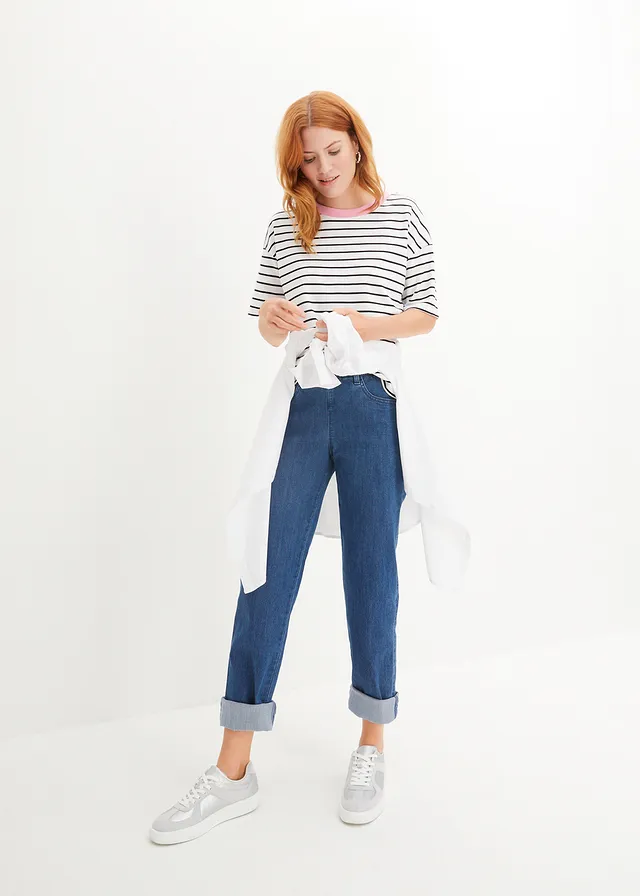 T-shirt oversize z czystej bawełny organicznej • biało-czarno-jasnoróżowy w paski • sklep bonprix