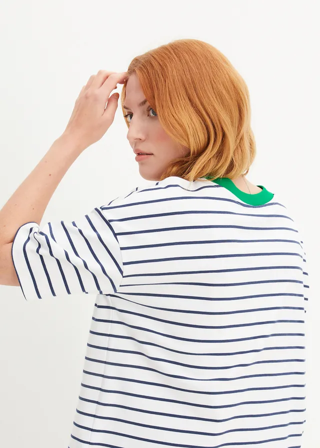 Tricou oversized din bumbac organic 100% • alb/albastru profund/verde-iarbă cu dungi • magazin bonprix
