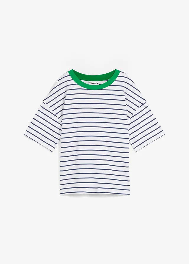 Oversized T-shirt van puur biologisch katoen • wit-diepblauw-grasgroen gestreept • bonprix online shop