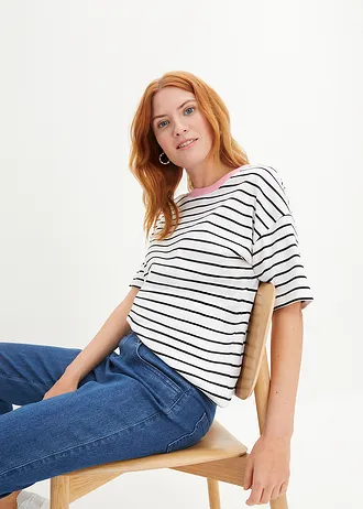 Tricou oversized din bumbac organic 100% • alb/negru/roz cu dungi • magazin bonprix