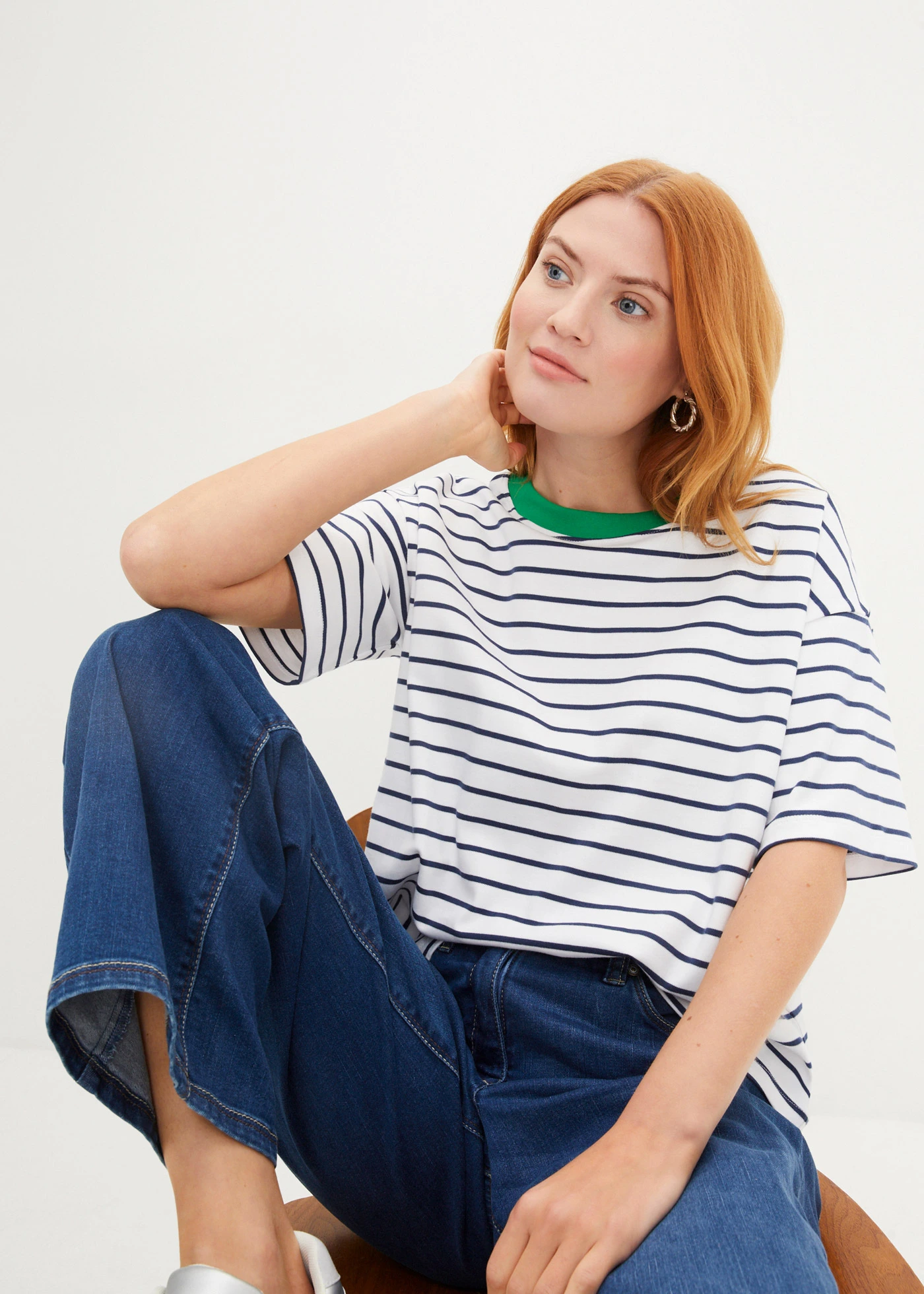 Tricou oversized din bumbac organic 100% • alb/albastru profund/verde-iarbă cu dungi • magazin bonprix