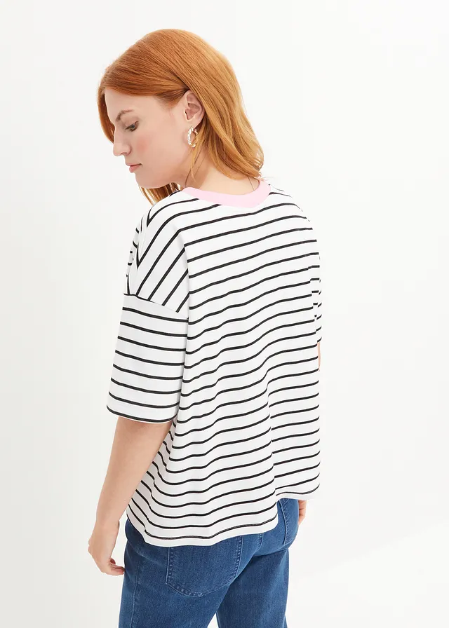 Tricou oversized din bumbac organic 100% • alb/negru/roz cu dungi • magazin bonprix