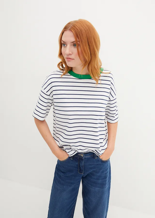 T-shirt oversize z czystej bawełny organicznej • biało-głęboki niebieski - zielony trawiasty w paski • sklep bonprix