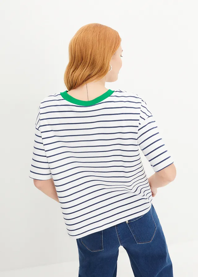 Oversized T-shirt van puur biologisch katoen, Kleur: wit-diepblauw-grasgroen gestreept