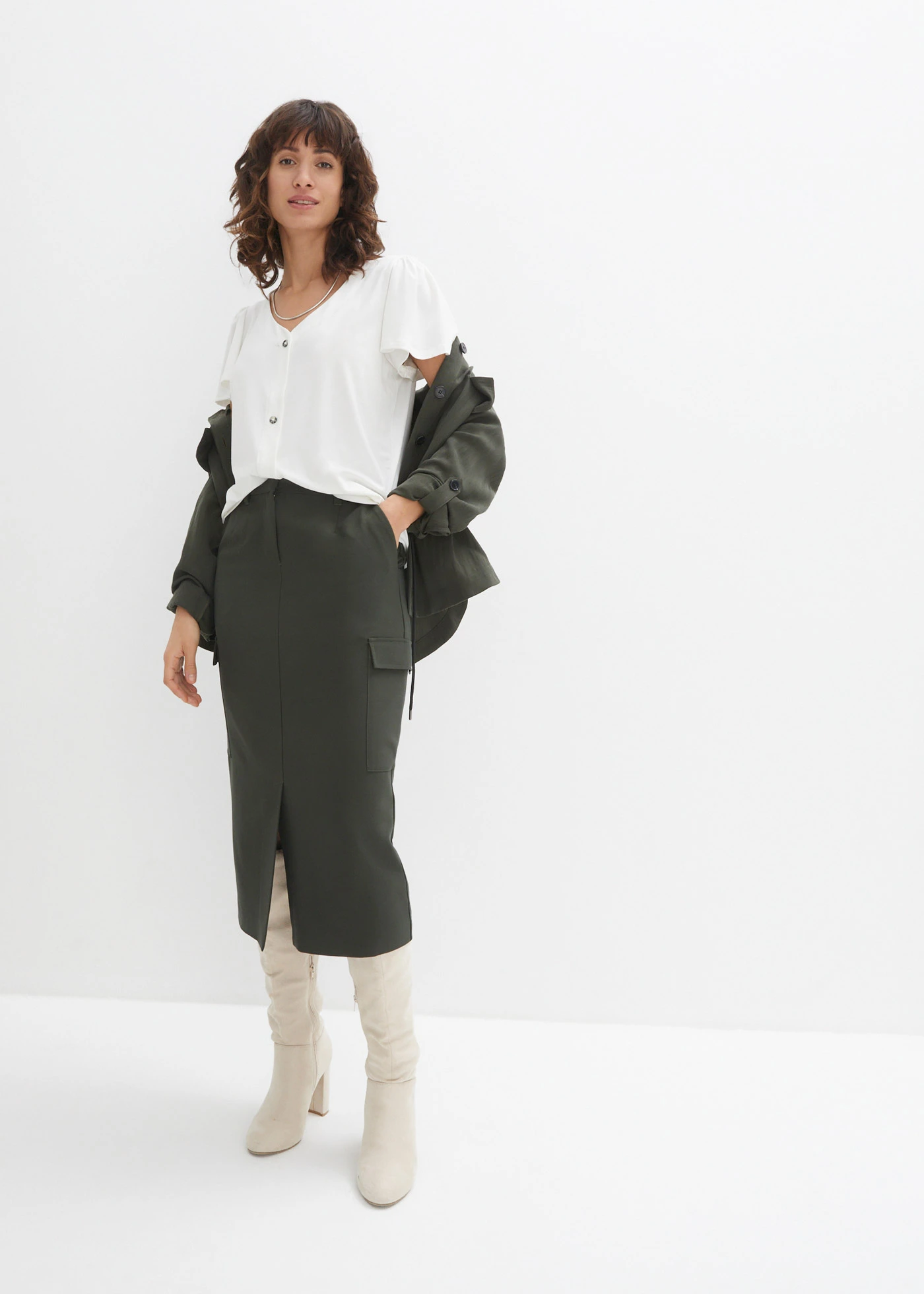 Koszulka z plisą guzikową • biel wełny • sklep bonprix