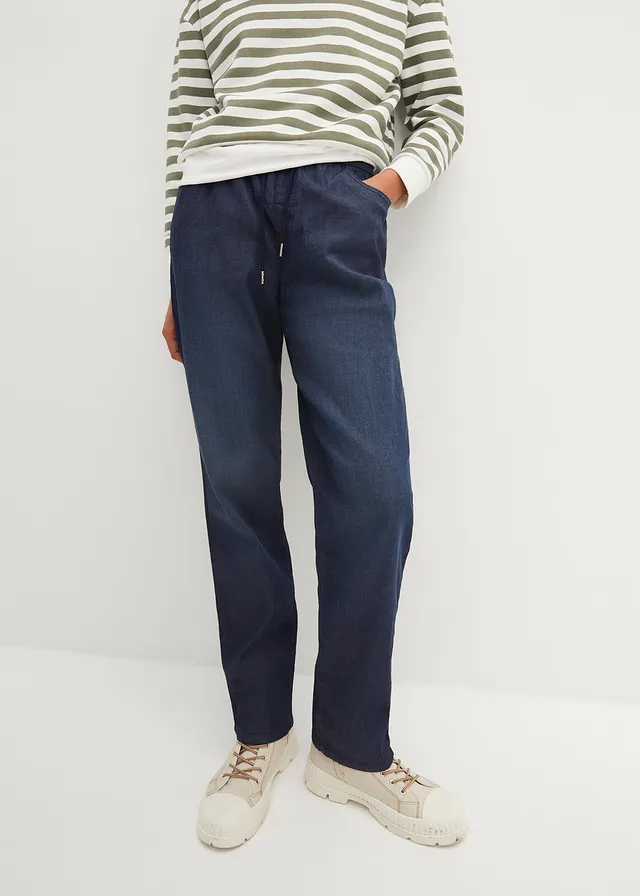 Lot de 2 jeans droits taille haute et élastiquée, Couleur: denim bleu clair+denim bleu foncé used