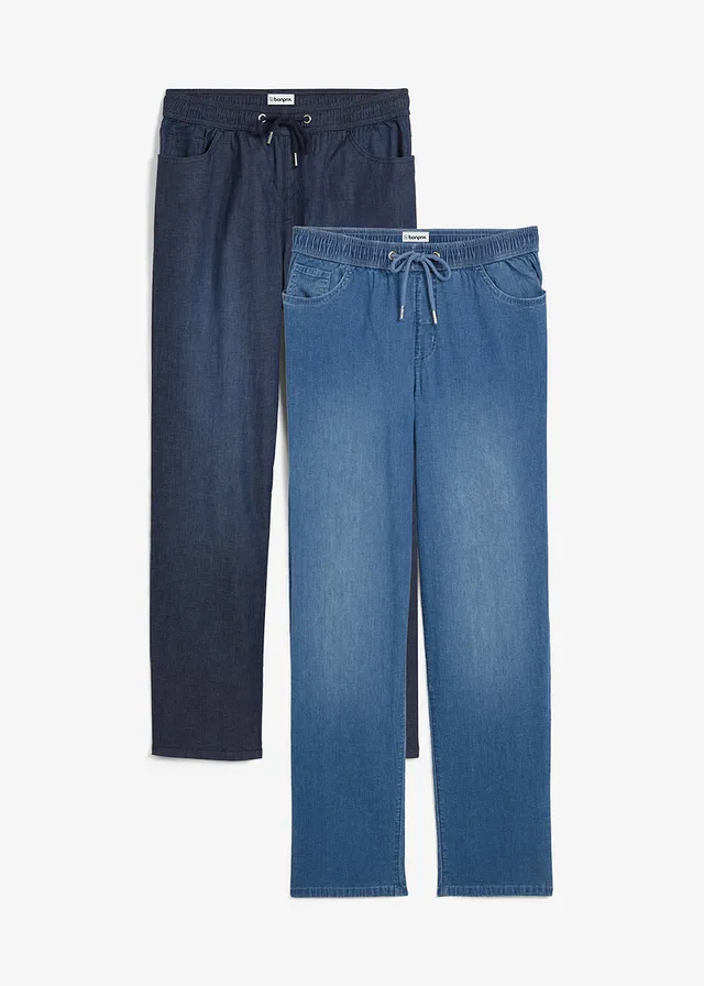 Lot de 2 jeans droits taille haute et élastiquée, Couleur: denim bleu clair+denim bleu foncé used