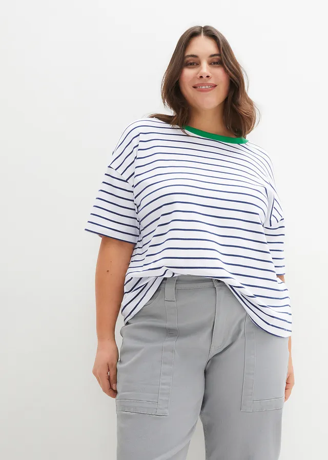 T-shirt oversize 100% coton, Couleur: blanc/bleu profond/vert gazon rayé