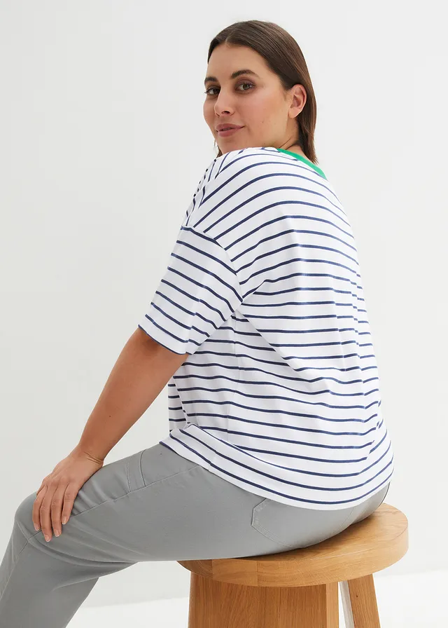 Oversized T-shirt van puur biologisch katoen, Kleur: wit-diepblauw-grasgroen gestreept
