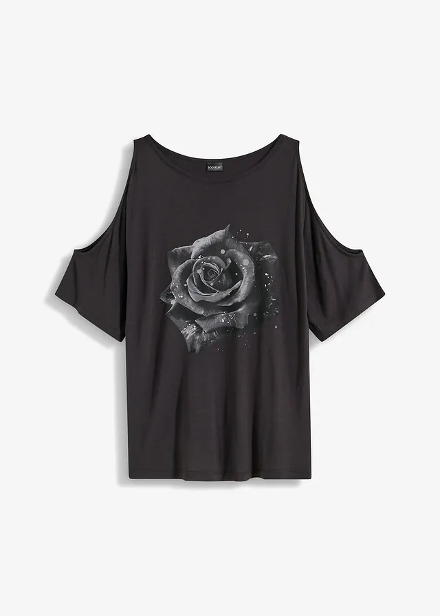 Cold shoulder shirt van viscose, Kleur: donkergrijs gebloemd