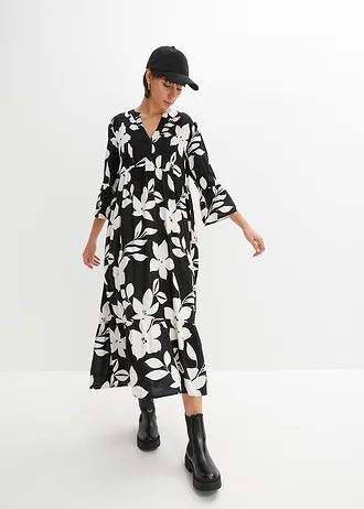 Maxi jurk van soepele viscose, Kleur: zwart-wit gebloemd