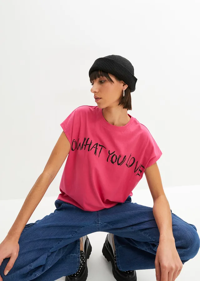 T-shirt oversize 100% coton, Couleur: fuchsia-noir imprimé